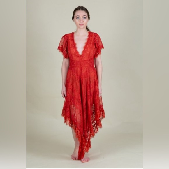 Rust Orange Lace High-Low Midi Dress Fall Halloween Witch Festival🌻